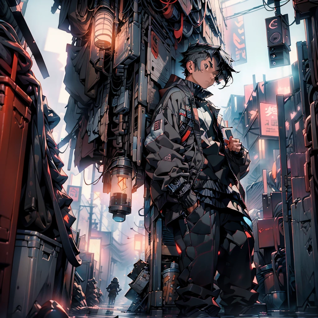 masterpiece, best quality), (Complex lighting), 1 boy，Handsome, Solitary, Complex lighting effects, black eyes,The proportions of the characters are normal， Cold and expressionless, Character against the wall,Cyberpunk city background,anime boy，Panoramic view