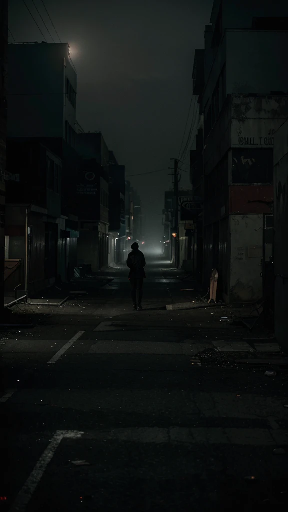 "Create a series of dark, atmospheric visuals reflecting the psychological tension and horror of Samuel Little's life. Begin with a desolate urban landscape at night, showcasing empty streets with dim streetlights and a heavy fog. Zoom in on shadowy alleyways and abandoned lots where danger seems to lurk just out of sight. Capture the menace in the air, emphasizing the isolation and despair of the setting."