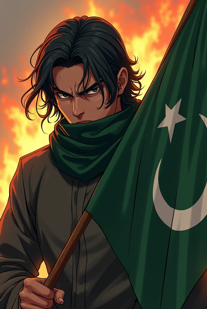 A anime man.
He is also (muslim).
His face was turned to the left and he was giving a killer look.
Her face is covered with a scarf.
His hair wase long and was touching his face. (He was holding a big Islamic green flag in one hand ) and (the ending point of that flag was on the right).The boy looked angry,
there was a spark of fire in his backgrounds. her face is covered with a scarf.