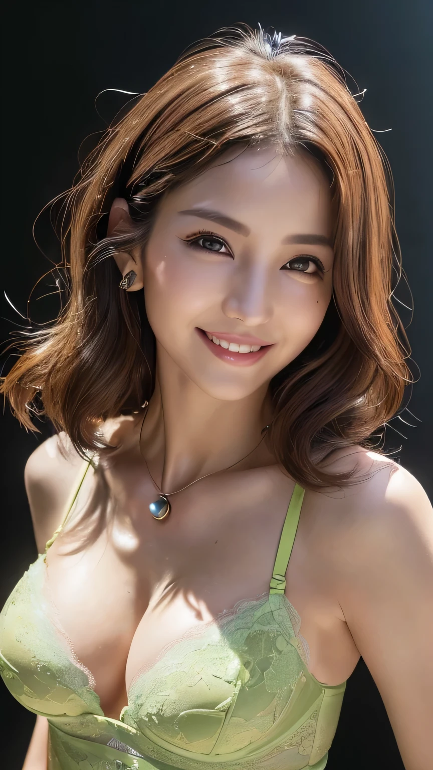 ((Highest quality, 8k, realistic photographic expression、delicate、detailed、Ultra-high resolution、masterpiece: 1.3))、((Slender body:1.4))、(((Beautiful middle-aged woman、3 Japanese、Anatomically correct face、charisma)))、(Slim and toned waist),(((Old sagging breasts)))、((A lot of brown hair、Updo))、(())、((Bright lime green lingerie、Satin lingerie with lace))、Natural Makeup、((smile:1.2))、Thin legs, Small face with pointed chin、Rough skin、Long droopy eyes、((Age Line、Wrinkles around the eyes:1.4))、necklace, (Professional cool lighting:1.3)、(Waist to head:1.2)、cool and simple dark wall background、