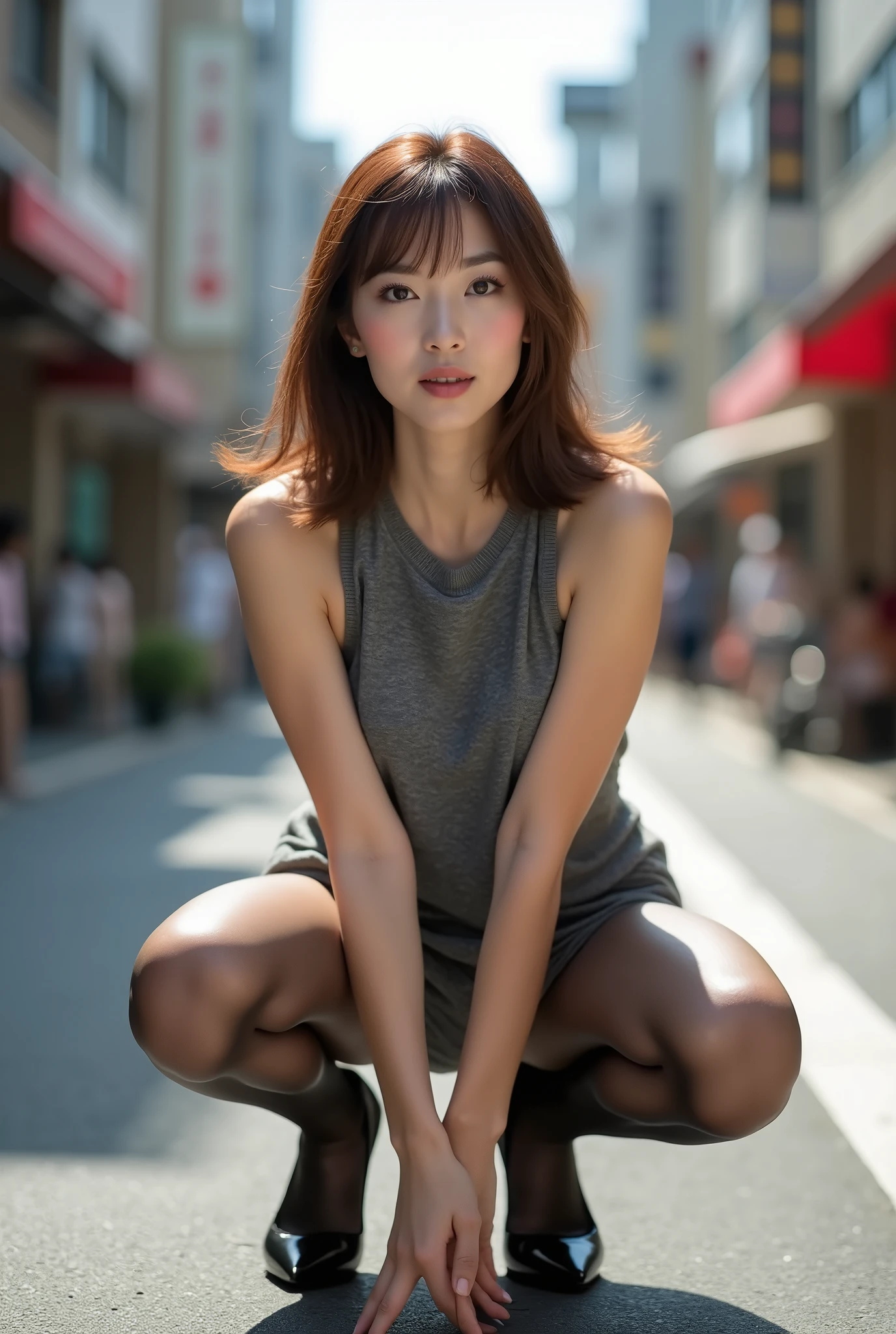 gravure, Highest quality, Very detailed, Realistic, Very detailed肌, Perfect Anatomy, (1 日本人Mature Woman), (alone), 4, (Wrinkles around the eyes:1.3), Large Breasts, Mature Woman, Glamour, Sexy, Brown Hair, Shoulder-length straight hair, Chromo White Skin, View your viewers, Oversized breasts, Sleeveless knit, Tight-fitting knit dress, Muchimuchi, Realistic thin black pantyhose, Black high heels, Panty shot, White panties, smile, Realistic Tokyo streets, morning, (Squat with legs spread to the left and right:1.7, Front image:1.7, Turn your body towards the viewer:1.7, Face the viewer:1.7, Shooting from below:1.6, Sky seen from below:1.6)