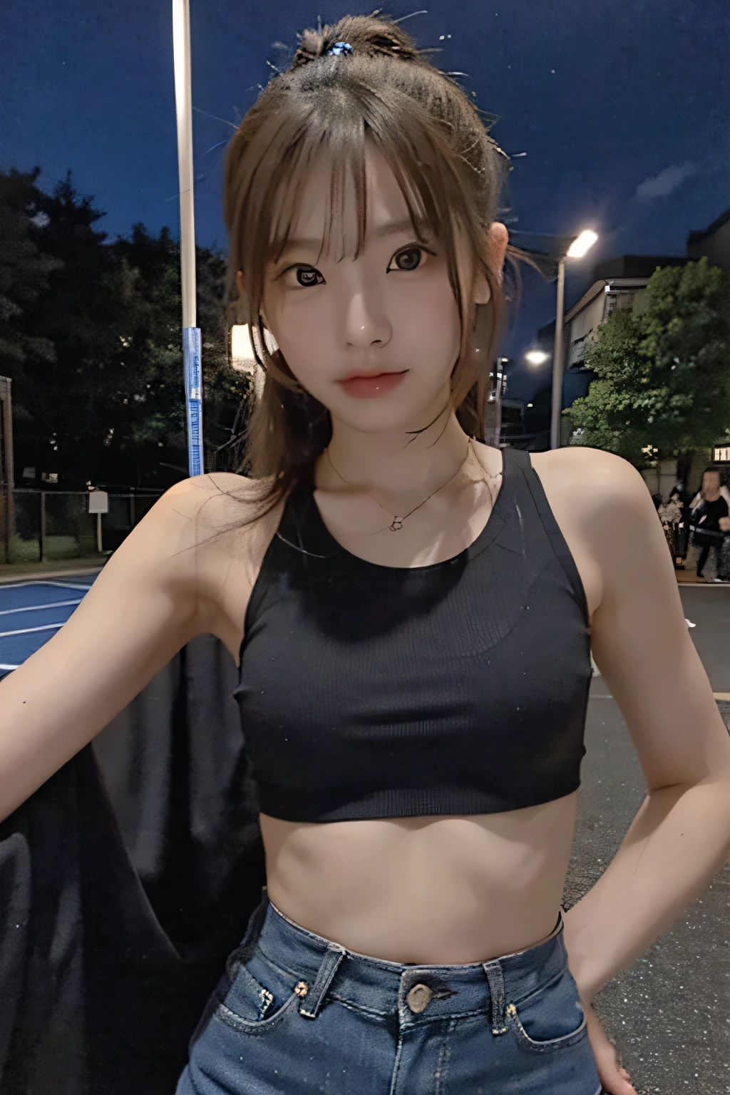 Photo of an Japanese woman in a black cropped top and blue jeans, posing outside a sports complex at night. She has a ponytail hairstyle, a cute face, a slim waist, and is wearing tight shorts with a high waist. --ar 3:4