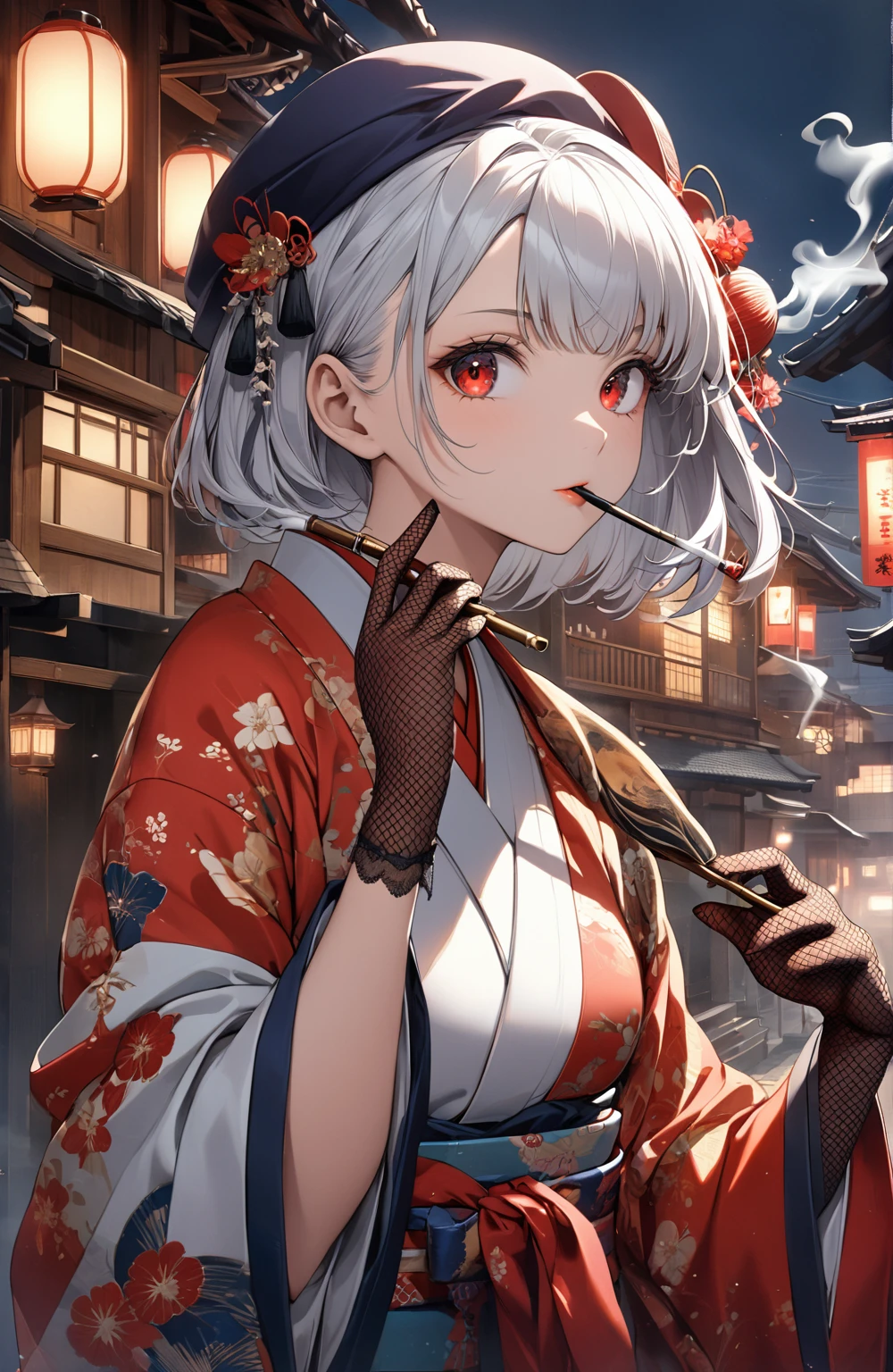 Ultra high resolution, rich colors, perfect image, top quality, detailed image, beautiful woman, glowing skin, texture of skin and clothes, delicate eyes, Showa era town, kimono, haori, black tulle hat, (((no hair accessory))), fishnet gloves, smoking pipe, long silver hair, red eyes
