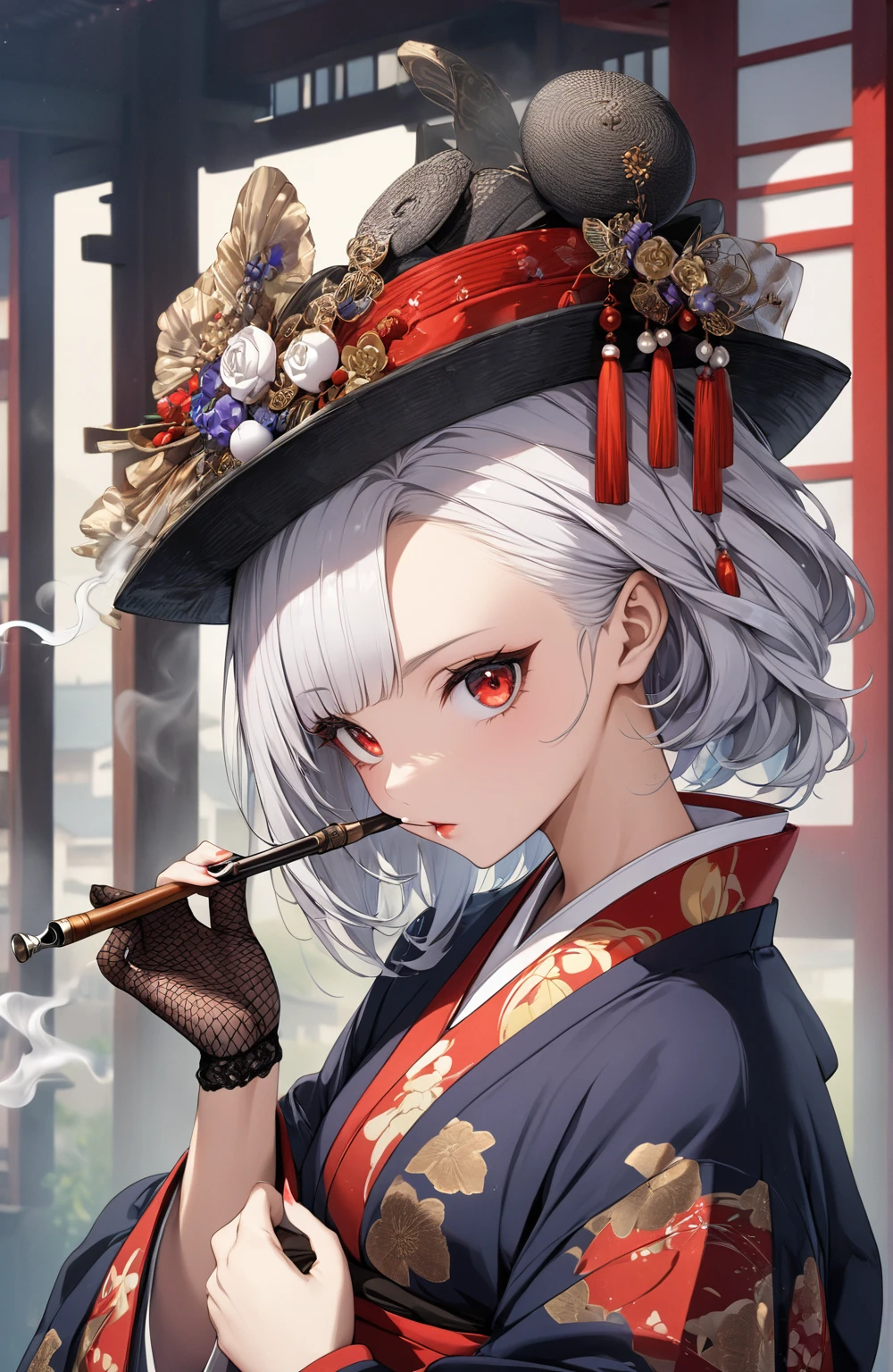 Ultra high resolution, rich colors, perfect image, top quality, detailed image, beautiful woman, glowing skin, texture of skin and clothes, delicate eyes, Showa era town, kimono, haori, black tulle hat, (((no hair accessory))), fishnet gloves, smoking pipe, long silver hair, red eyes