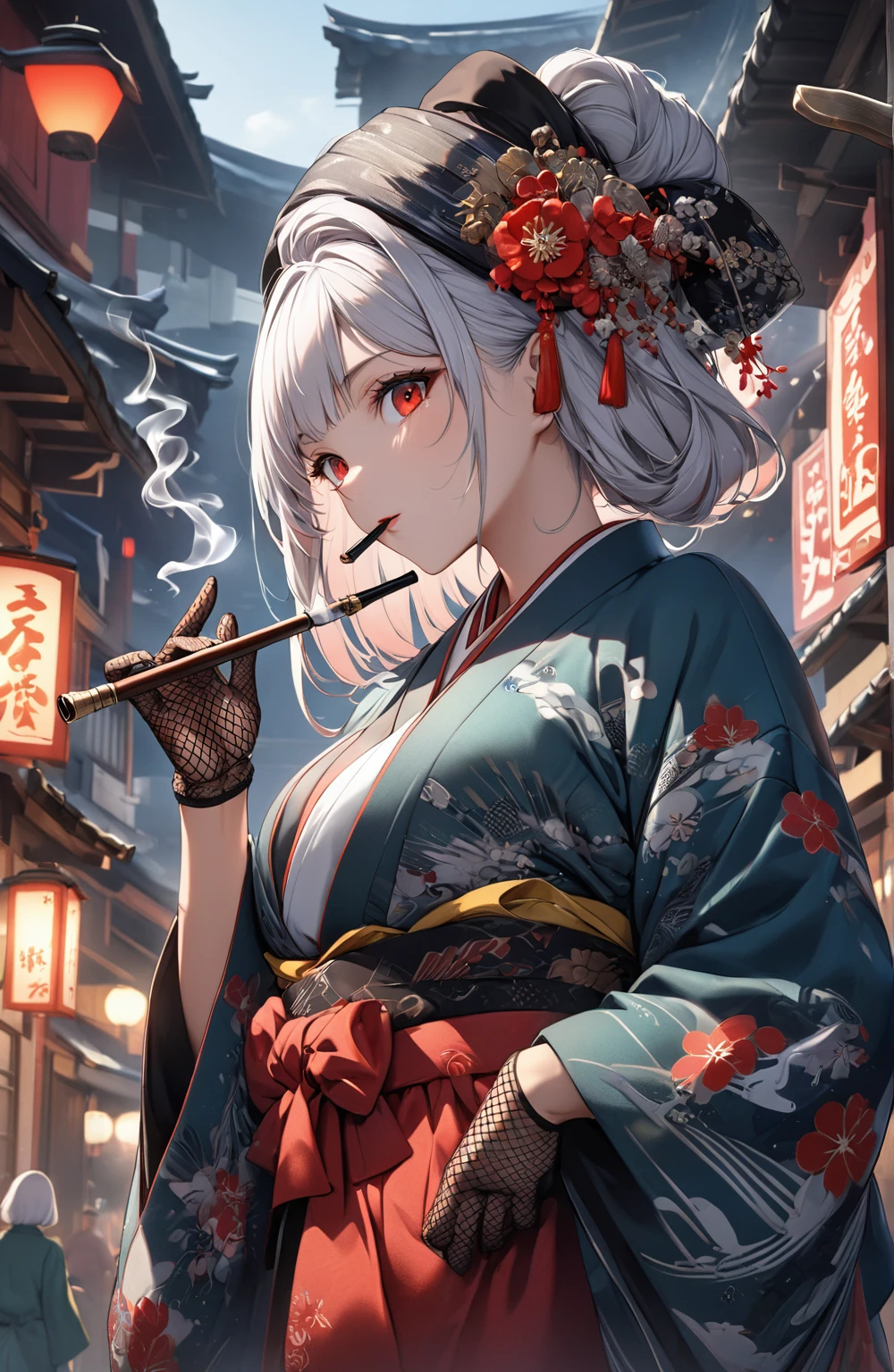 Ultra high resolution, rich colors, perfect image, top quality, detailed image, beautiful woman, glowing skin, texture of skin and clothes, delicate eyes, Showa era town, kimono, haori, black tulle hat, (((no hair accessory))), fishnet gloves, smoking pipe, long silver hair, red eyes