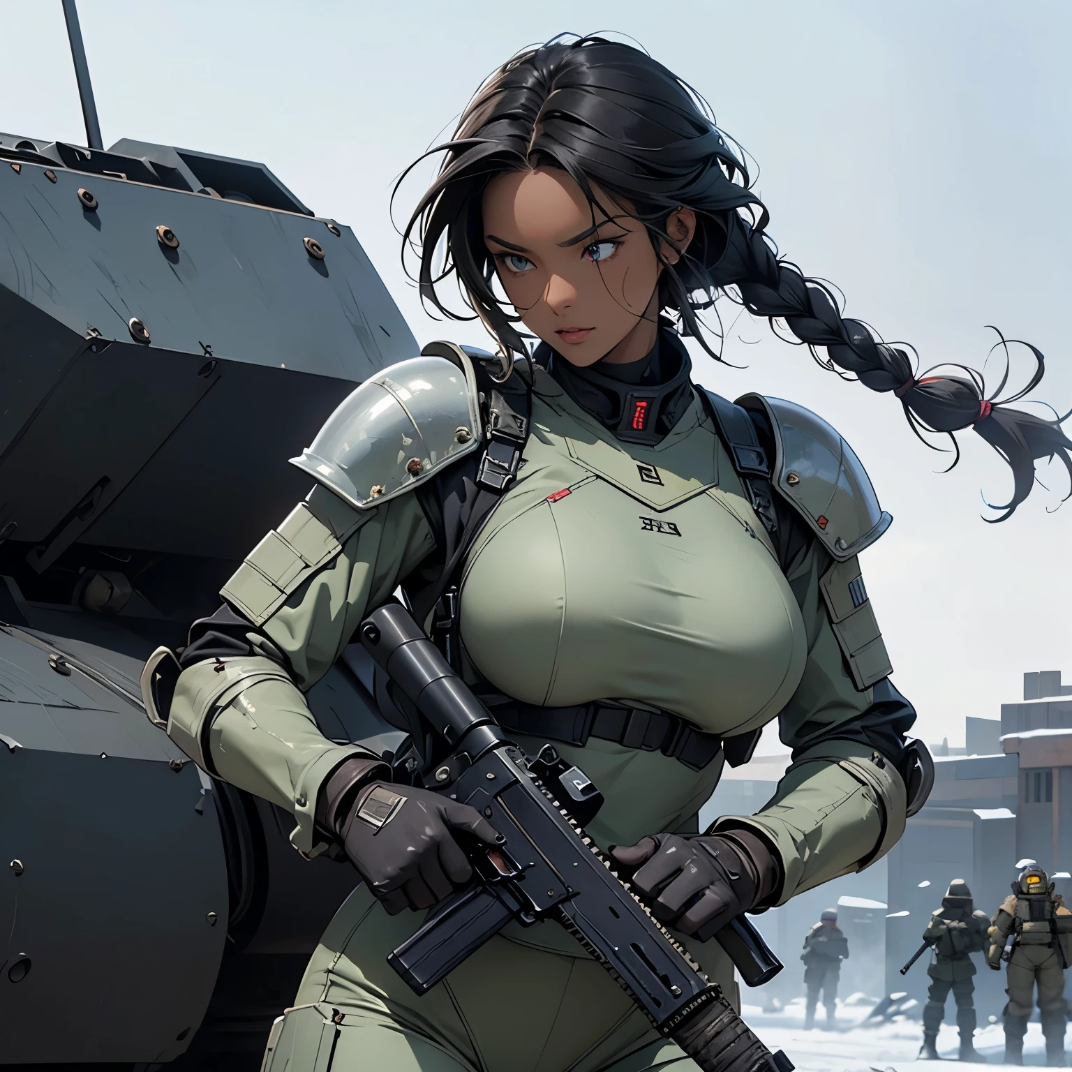 nsfw, anime screencap, 16K, perfect anatomy proportion body, perfect hands, action, A dynamic composition with a sense of speed and movement, (Hold an assault rifle:1.6), a wife, 40age, perfect beautiful delicate sexy face, perfect beautiful delicate eyes, braid-in-braid black hair, (dark skin:1.6), huge breasts, abs, Camouflage-colored heavy armored steam engine full armor powered suit, Many heavily armored robot soldiers are engaged in a firefight in the background., Flying bullets, Snowy Battlefield, war, Post-apocalyptic,