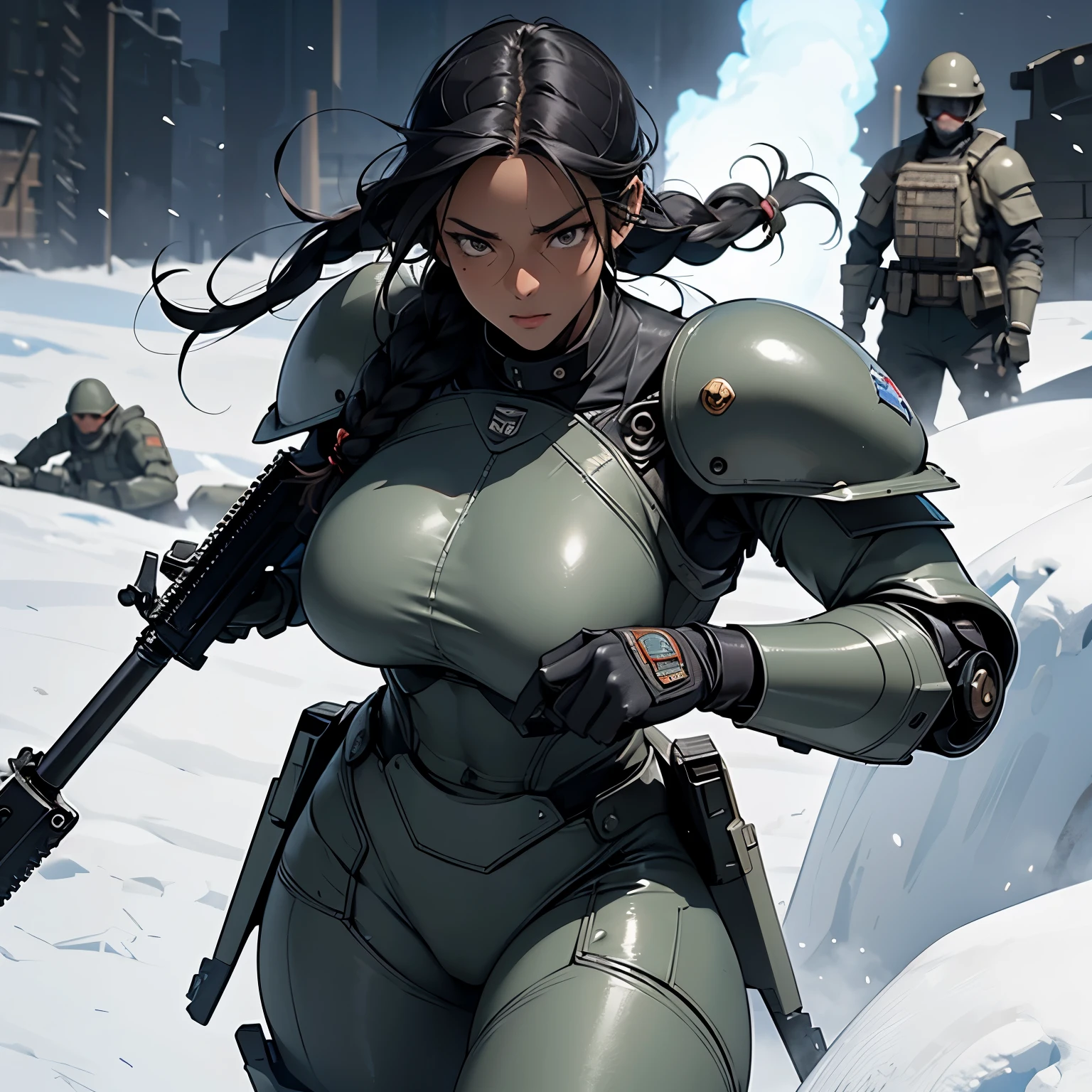 nsfw, anime screencap, 16K, perfect anatomy proportion body, perfect hands, action, A dynamic composition with a sense of speed and movement, (Hold an assault rifle:1.6), a wife, 40age, perfect beautiful delicate sexy face, perfect beautiful delicate eyes, braid-in-braid black hair, (dark skin:1.6), huge breasts, abs, Camouflage-colored heavy armored steam engine full armor powered suit, Many heavily armored robot soldiers are engaged in a firefight in the background., Flying bullets, Snowy Battlefield, war, Post-apocalyptic,