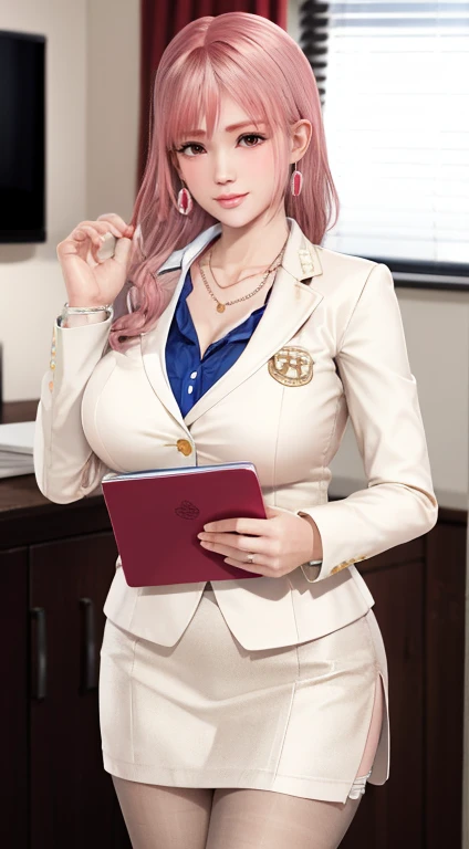 Honoka,   Secretary，Pink Hair，cleveage，big breasts, white blazer, beige Pantyhose，Lovely，necklace，earrings，Red lips，Shy, secretary, Holding a folder，office, red pencil skirt