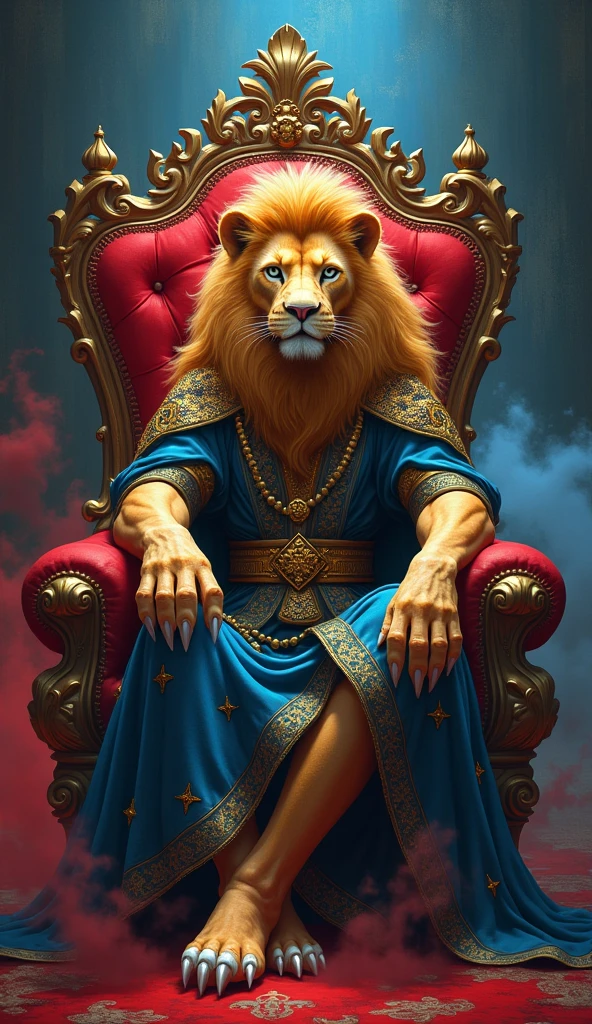 "Highly stylized anthropomorphic lion character seated on an ornate red throne, wearing elaborate royal attire with blue and gold robes featuring star patterns, human-like hands, dark background with swirling red and blue smoke, mystical fantasy theme."