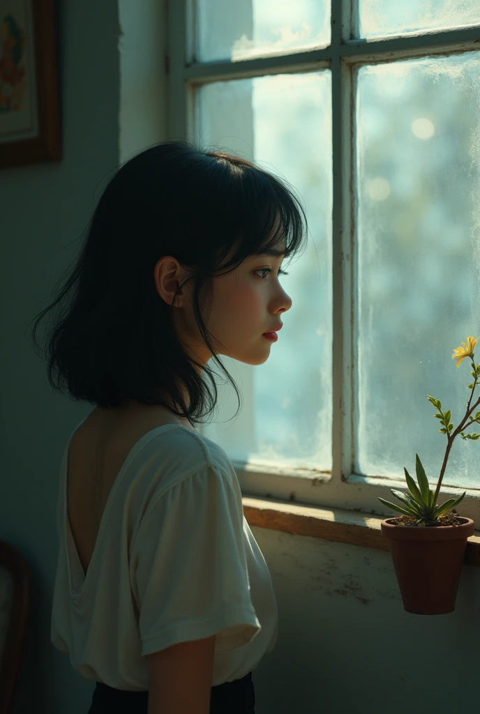 Draw a girl looking at a window lofi style with a text saying: Empezamos pronto