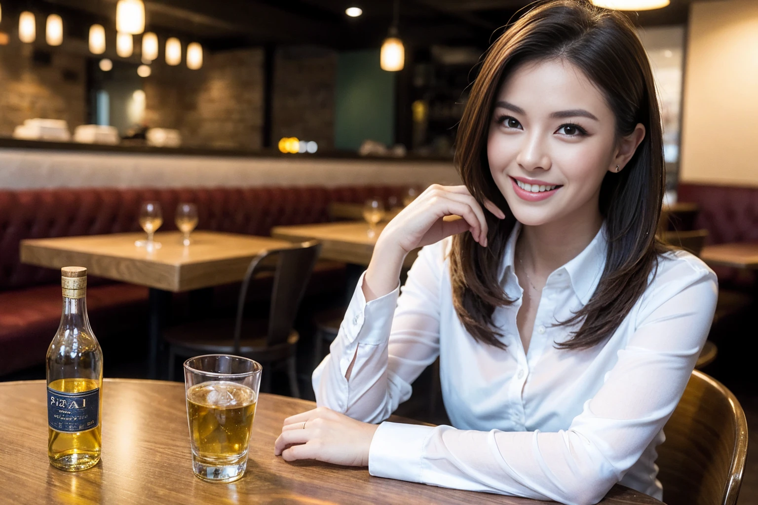 ((Highest quality、8k、masterpiece:1.3))、Whiskey bottles、The Macallan、Joni Black、Old Parr、whiskey、Suntory、Nikka、slimカップル、modelカップル、(Realistic, Intricate details:1.2), full-course dinner、Whiskey bottle and glass on the table、Single Malt、scotch、Rocks glass、Shot Glass、On the rock、Scotland、Amazing view of the sunset sky and clouds、A bright smile、The wonderfulness of smile、 Beautiful Face, blue eyes, The light shines on your face, blush, short hair,Bright Face、 (Age 37), 3,Two beauties、Brown Hair、Shortcuts、Long sleeve shirt、dress、Beautiful woman 1, (slimな顔), (The body is slim), (Brown Hair), (Shortcuts), cheeks turn a little red,Attractive beauty、restaurant, In a prominent place (From the waist up) Nova Frog Style, actress, model, Upper Body, White wine, slim, smile, (smile: 1.15), Beautiful fine grain, Depth f/2,saturation, High Contrast, Strong light and shadow,Moist Body:1.5、3D texture、Delicate eyes、Brown Hair、The hair is very shiny、