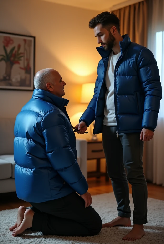 Create a hyper-realistic, high-resolution image showing two extremely handsome brightly lit living room. The wonderful and seductive uncle, aged 42, with short hair beginning to show signs of balding, is wearing dark pants and an open, *extremely shiny blue nylon puffer jacket* that exposes his slightly hairy chest and slightly prominent belly. He is kneeling on the floor, *wearing a collar around his neck*, being pulled by his gorgeous nephew, a 26 yo man with a naturally attractive physique, dressed in a fitted shirt and casual pants, stand in the side of his uncle. (((The *nephew pulls the collar with a confident and authoritative expression*, while the uncle, *kneeling*, looks up with a submissive expression))). The living room is warmly lit, with modern, comfortable decor that enhances the realism of the scene. The image should capture every detail with precision, emphasizing the interaction and contrast of roles between the two men. HANSOME DOMINEERING NEPHEW STANDS NEXT TO HIS WONDERFUL SUBMISSIVE UNCLE KNEELING ON THE FLOOR BEING HUMILIATED AND TREATING LIKE AN ANIMAL TO A NEPHEW.