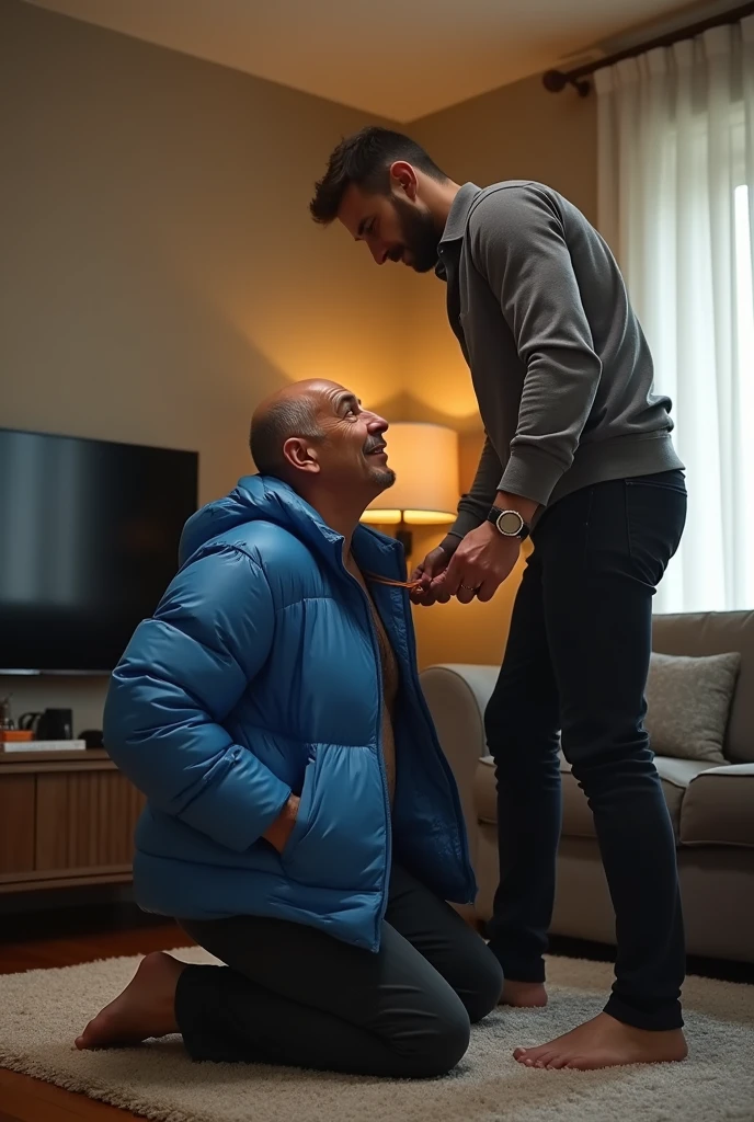 Create a hyper-realistic, high-resolution image showing two extremely handsome  brightly lit living room. The wonderful and seductive uncle, aged 42, with short hair beginning to show signs of balding, is wearing dark pants and an open, *extremely shiny blue nylon puffer jacket* that exposes his slightly hairy chest and slightly prominent belly. He is kneeling on the floor, *wearing a collar around his neck*, being pulled by his gorgeous nephew, a 26 yo man with a naturally attractive physique, dressed in a fitted shirt and casual pants, stand in the side of his uncle. (((The *nephew pulls the collar with a confident and authoritative expression*, while the uncle, *kneeling*, looks up with a submissive expression))). The living room is warmly lit, with modern, comfortable decor that enhances the realism of the scene. The image should capture every detail with precision, emphasizing the interaction and contrast of roles between the two men. HANSOME DOMINEERING NEPHEW STANDS NEXT TO HIS WONDERFUL SUBMISSIVE UNCLE KNEELING ON THE FLOOR BEING HUMILIATED AND TREATING LIKE AN ANIMAL TO A NEPHEW.