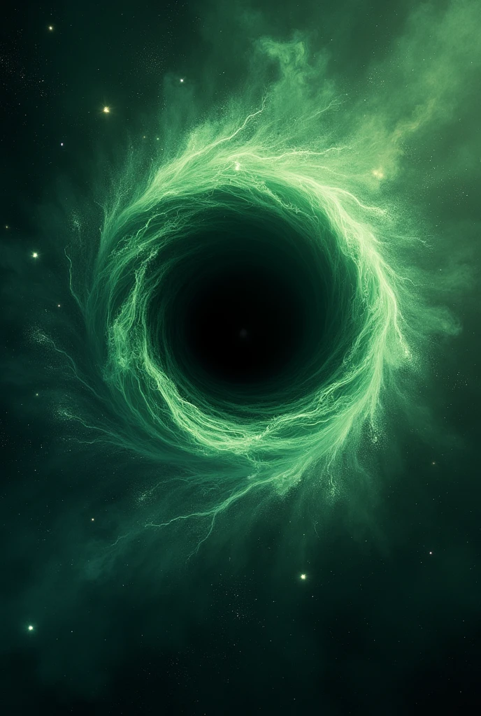 Blackhole with green colour and White Small stars in the middle of blackhole , there are one black stars inside blackhole