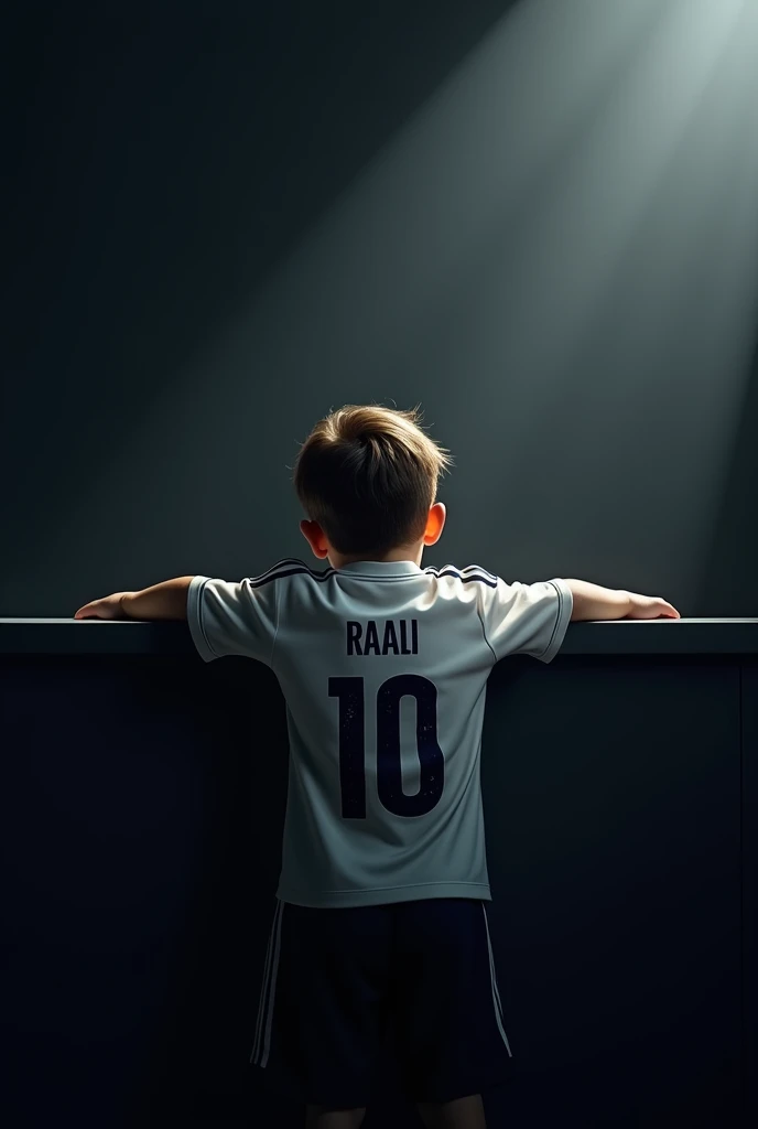 A boy wearing a real mardid
 A jersey is lying on a wall and the name Rajbi is on the back of the jersey, the wall is black and the boy has a flash of light in front of him. The boy's hair will be a nice haircut and the hair will be a little longer and the jersey number will be 10