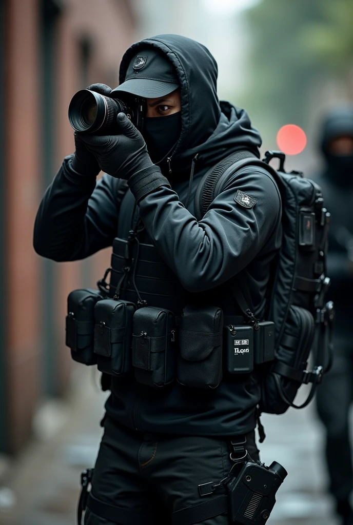 photographer wearing black tartical clothes. with cap and hoodie carry a lot of tactical bags holding camera to take photo and wearing black mask