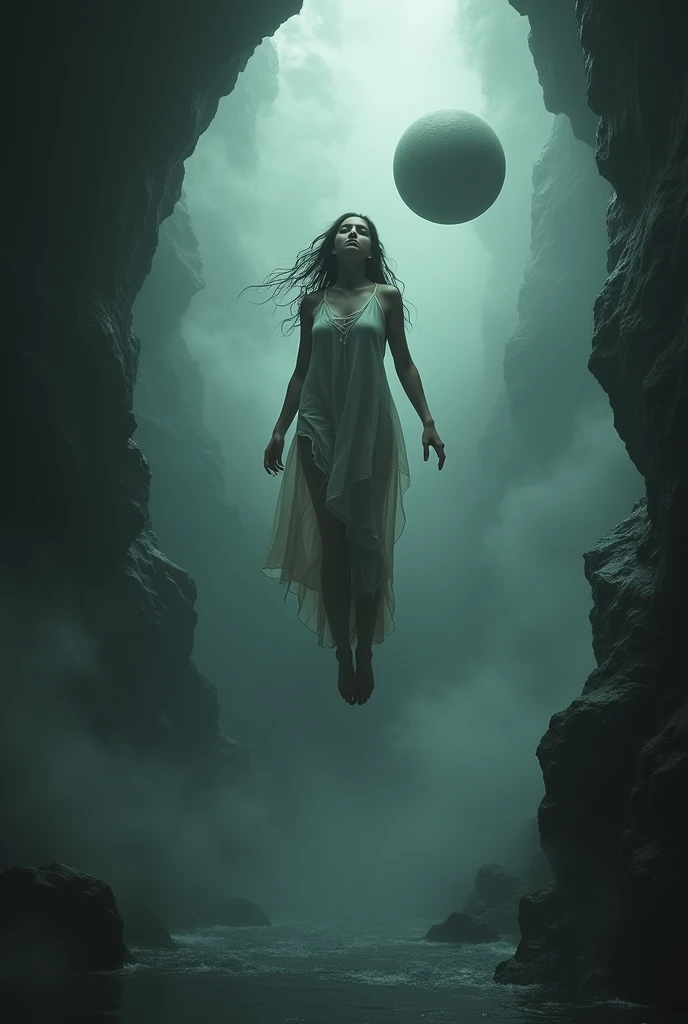 The sphere is floating., The woman is soaking wet., The expression is suffering., Fantastic World, In a dark cave, The background is a woman floating in the mist., Abstract