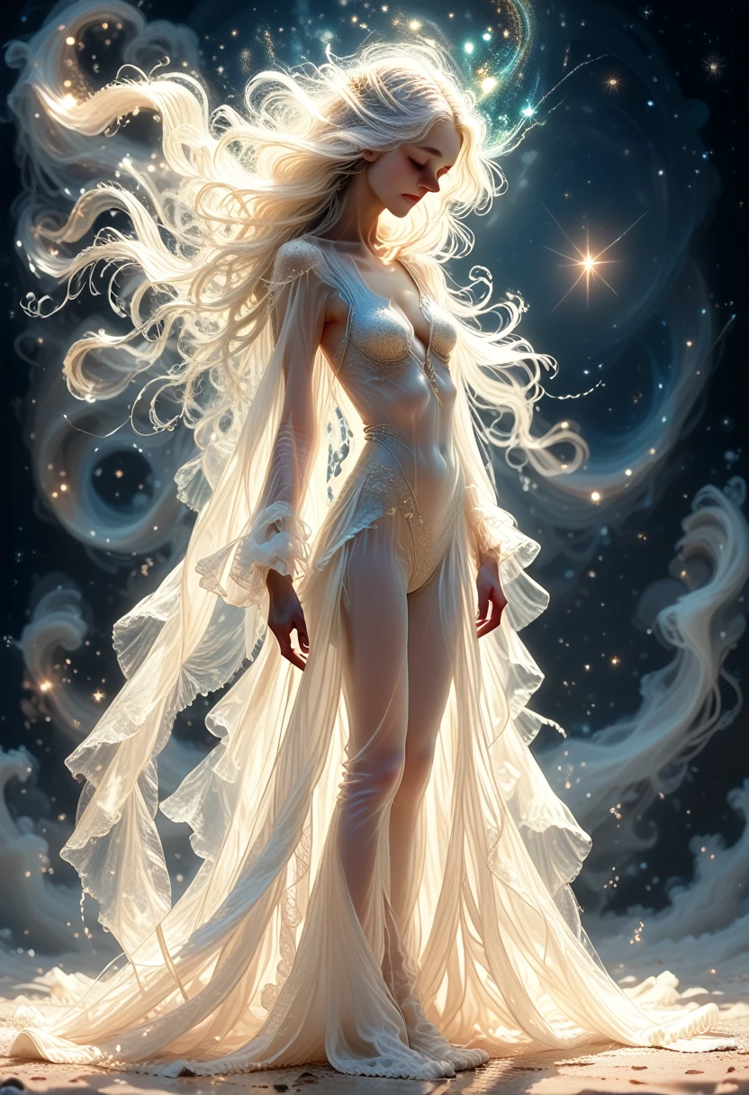masterpiece, a beautiful void goddess, whole body in white transparent clothes, standing under the empty night stars, disappearing sheer pants, standing upright, Tall figure, slender legs, Detailed faces, detailed body parts details, 8k wallpaper
