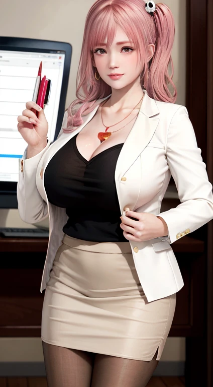 Honoka, Secretary,Pink Hair,cleveage,big breasts, white blazer, beige Pantyhose,Lovely,necklace,earrings,Red lips,Shy, secretary, Holding a folder,office, red pencil skirt