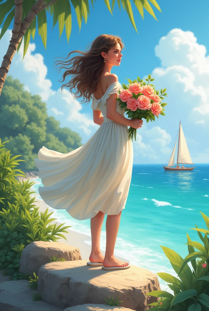 Girl on the seashore, a sailboat is sailing in the distance , girl standing on a rock , she has curly hair , in hands a bouquet of roses, Sunny weather , there are beautiful tropical trees around , The girl stands in half a turn, She is wearing a beautiful light dress.
