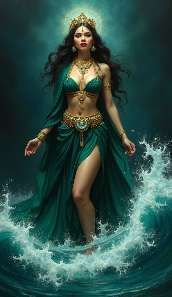 painting art of Kanjeng Ratu Kidul in a green dress with a gold belt, South Beach Queen, portrait of a beautiful goddess, goddess of Southeast Asia, goddess of love and peace, beautiful goddess, a stunning portrait of a goddess, painting of beautiful, earth goddess mythology, goddess of nature, goddess art, Indonesian goddess of wealth, female goddess, fantasy woman, goddess of beauty, wearing a small gold crown with a crystal arrangement in the middle, dark green kemben (camisole) luxurious jewelry, dark green shawl and cloth skirt batik sarong, smooth green and white, standing on blue water with waves and with a dramatic effect, surrounded by whirlpools, creating a mystical atmosphere, fractal art, bright and shining in the center with a dark background, water manipulation, intricate details, hyperrealistic, throughout body, UHD, HD, hyperdetail, erotic, exotic, sexy