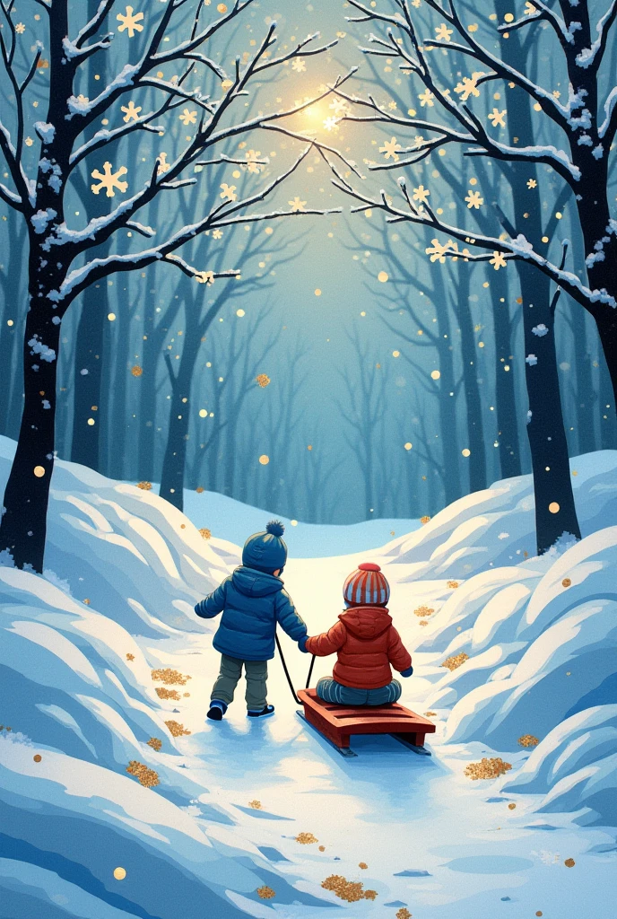 Seiji Fujishiro style、A fusion of stained glass-like cutouts and shadow art, Black construction paper images, The overlapping pieces of paper are pasted in a staggered fashion.、White cut out snowflakes and piled up snow, Snowscape painting, Glittering gold dust, 2d、 Subtle and dynamic effects, Glitter effect, Children pulling a sled、artistic, CG digital art