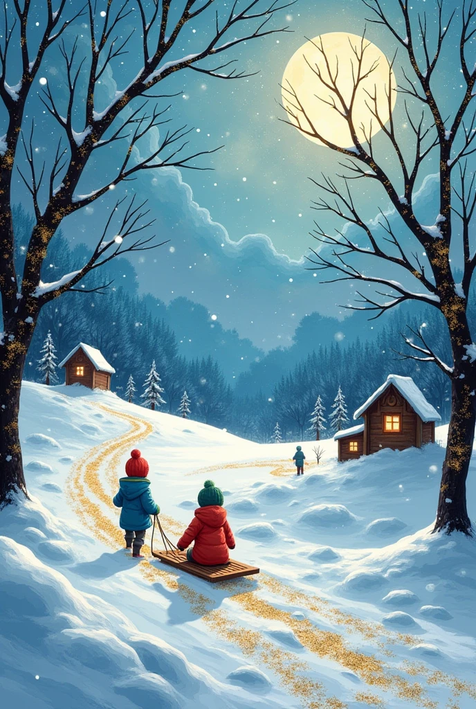 Seiji Fujishiro style、A fusion of stained glass-like cutouts and shadow art, Black construction paper images, The overlapping pieces of paper are pasted in a staggered fashion.、White cut out snowflakes and piled up snow, Snowscape painting, Glittering gold dust, 2d、 Subtle and dynamic effects, Glitter effect,  Children pulling a sled、artistic,  CG digital art