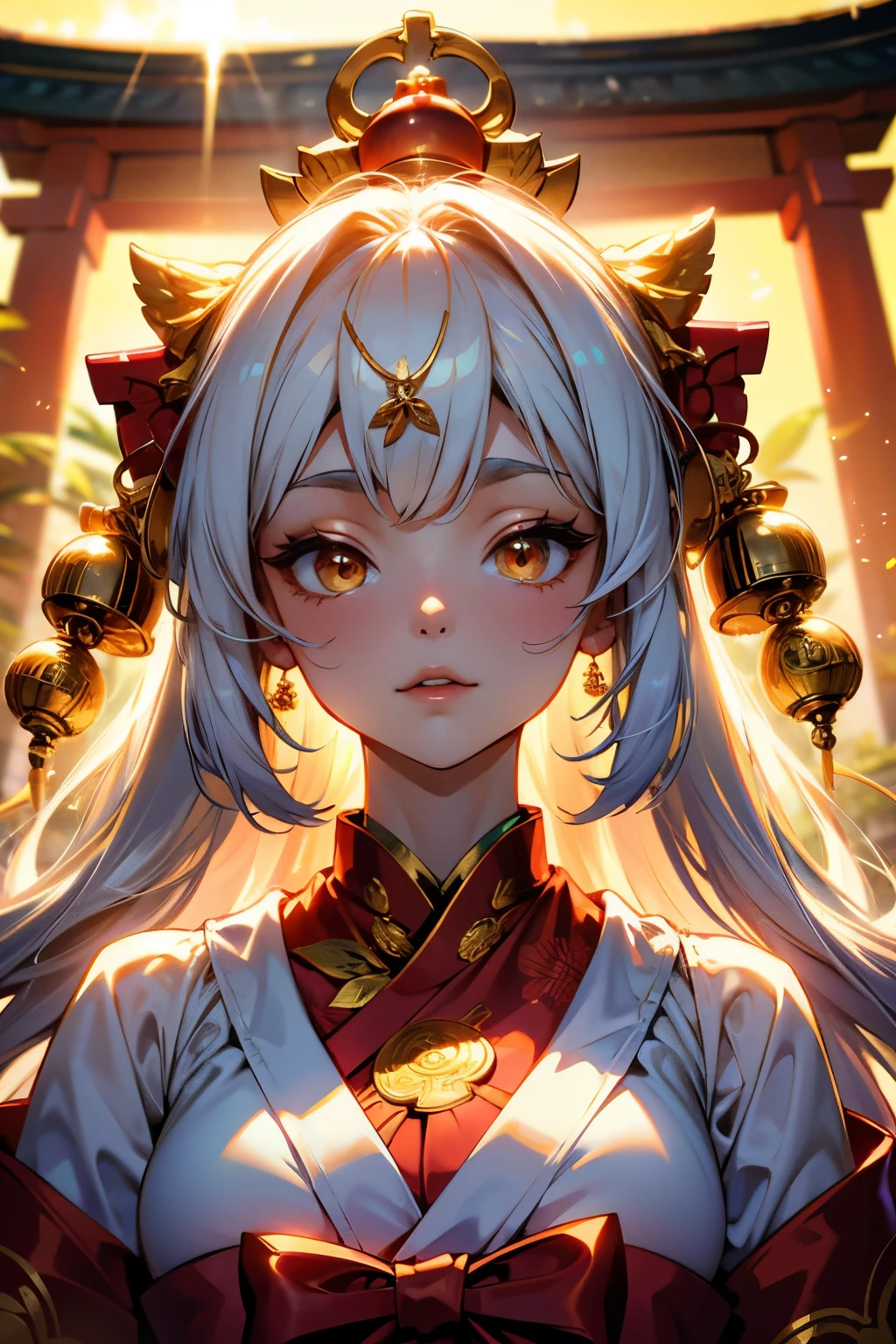 Upper body close-up。This is the figure of a shrine maiden。On his head there is a gold ornament。Hair is white。The background is the glow of the sun。She is a charming goddess。solve,8k、masterpiece