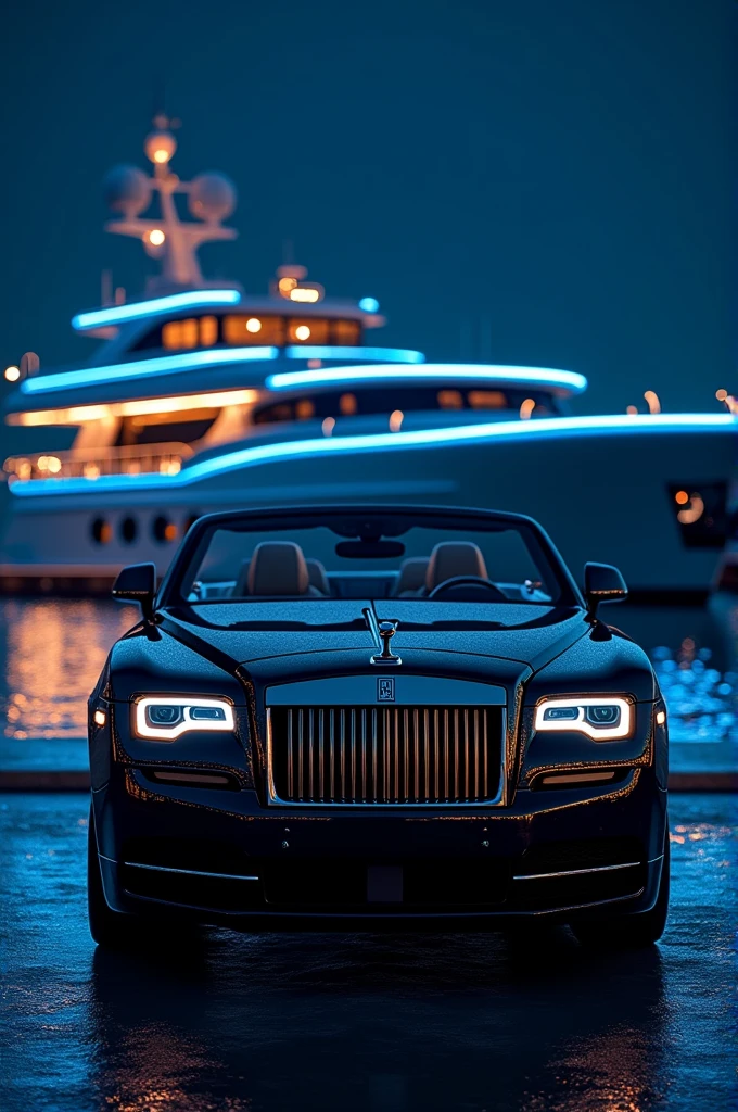 at night with high sky Rolls-Royce La Rose Noire Droptail parking in yat in the background, and blue neon lights