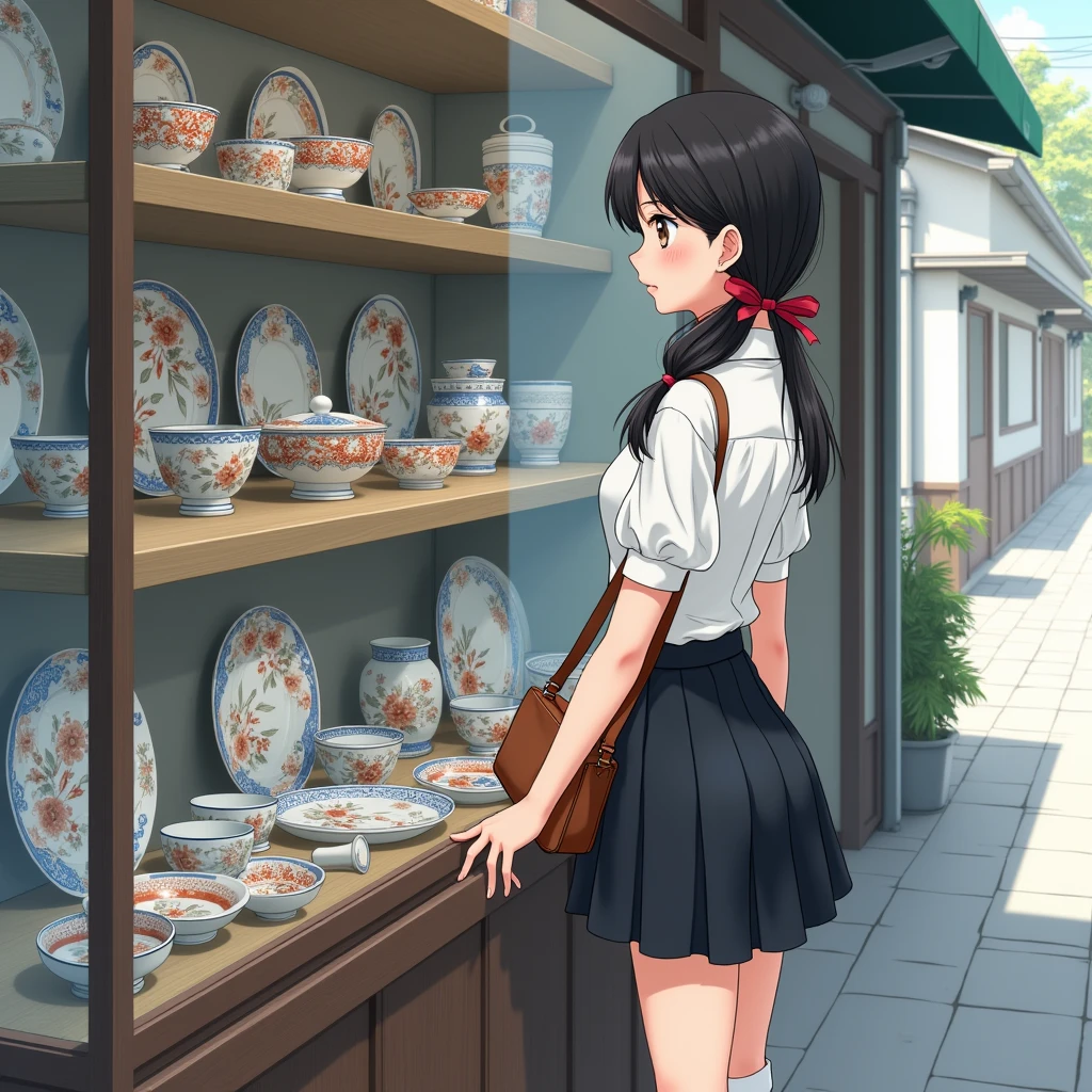 Anime Style, Realistic Background, Beautiful views,
A girl looking at ceramics, Hands in front, Place your hands on your thighs.
Casual clothes, Short sleeve, She's wearing a pretty white blouse,
mid black flare skirt,
Wearing white knee-high socks, Wearing sneakers.
Her hair style is low twin tails, with red ribbons, very long length and black, low pigtails.
bag, Late s, Small breasts, Has dark brown eyes.
trip, Japanの陶磁器, Kutani ware ceramics, dish, Bowl, Cup, shop, indoor, Japan, Glass Door, street,
Summer vacation, Daytime, from side,
close up face, upper body, solo focus, feet out of frame, focus on face, not full body.