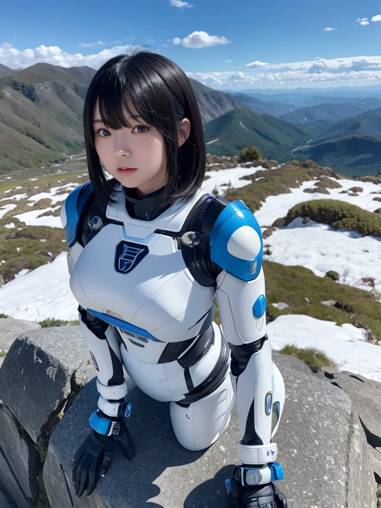 Japanese female android,Black Hair,White and blue robot suit,Plump,View of the landscape from the top of a mountain,