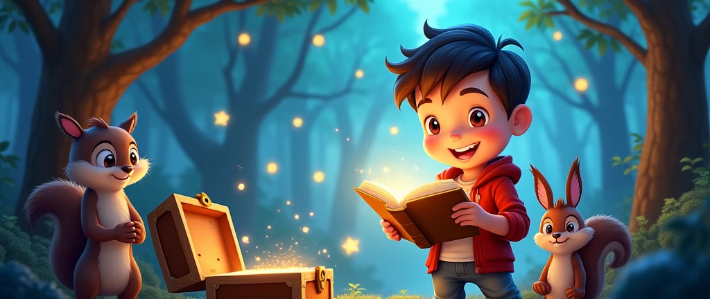 Visual Elements:Bright, Colourful Background: Use a vibrant, magical forest background with glowing trees and sparkling stars to create a sense of wonder and magic.Main Characters: Feature a big, smiling Timmy in the foreground holding a glowing book, with a talking squirrel and a wise owl beside him, looking excited and friendly.Treasure Chest: Include a partially open treasure chest with a soft glow coming out of it, hinting at the hidden secrets and adventures inside.Mystical Effects: Add sparkles, light rays, and fairy dust around the characters and the treasure chest to enhance the magical feel.Text Elements:Bold, playful text at the top: "Magical Adventure in the Enchanted Forest!"Smaller, captivating text at the bottom: "Talking Animals & Hidden Treasure!"Make sure the colours are bright, and the text is bold and easy to read to attract viewers' attention at a glance.
