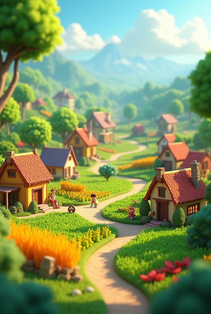 Need 3d animation style for The entire village of Rampur filled with greenery, happy villagers, and thriving farms, all thanks to Mannu's wishes.