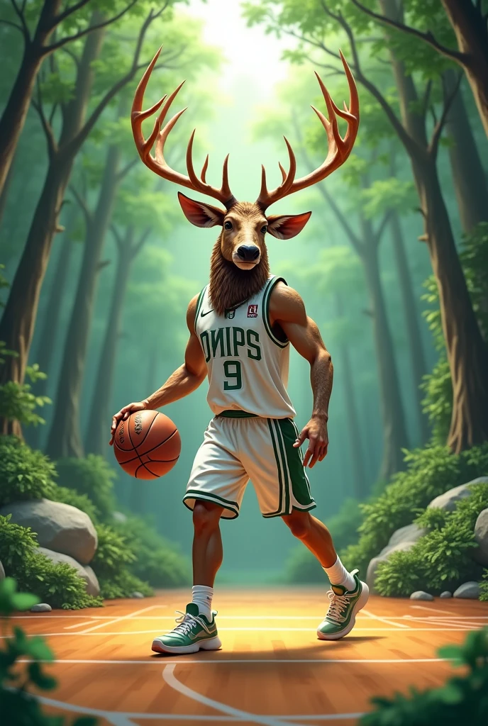 stylize basketball antler wearing white and green jersey on a forest with basketball court background