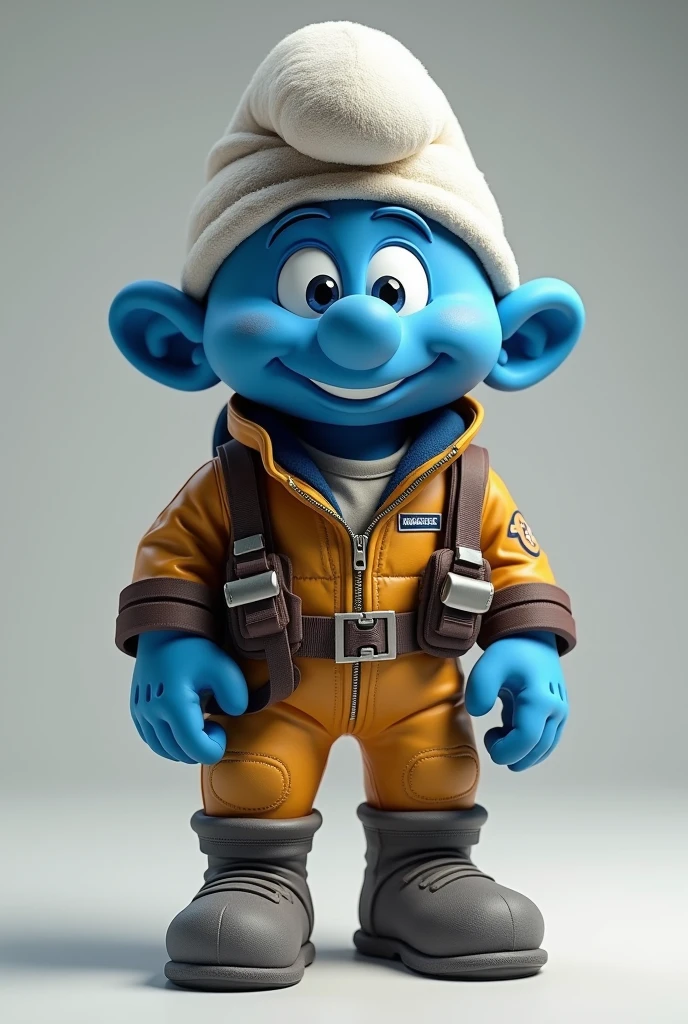 a kinda human sized realistic Smurf wearing a pilot suit
