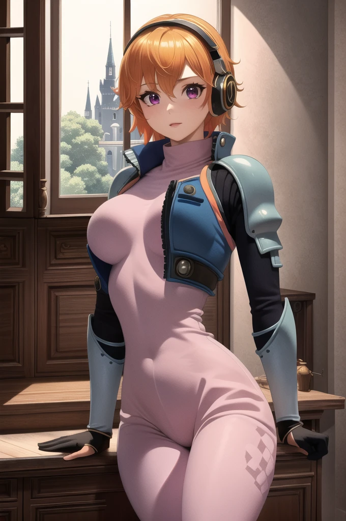 masterpiece, ((ultra detailed background, delicate pattern, intricate detail)), (highly detailed, fine details), best quality, beautiful lighting, ((medium breasts, slim girl)), 1girl, Lilith, (bangs covering one eye), ((light orange hair)), headphones, purple eyes, dark-blue jacket, ((pink bodysuit, full-body suit)), complex detailed background, inside, castle room environment, medieval castle, gray walls, window, bookshelf, (close-up, portrait),  