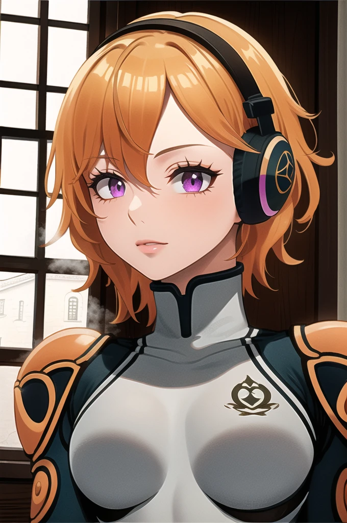 masterpiece, ((ultra detailed background, delicate pattern, intricate detail)), (highly detailed, fine details), best quality, beautiful lighting, ((medium breasts, slim girl)), 1girl, Lilith, (bangs covering one eye), ((light orange hair)), headphones, purple eyes, dark-blue jacket, ((pink bodysuit, full-body suit)), complex detailed background, inside, castle room environment, medieval castle, gray walls, window, bookshelf, (close-up, portrait),  