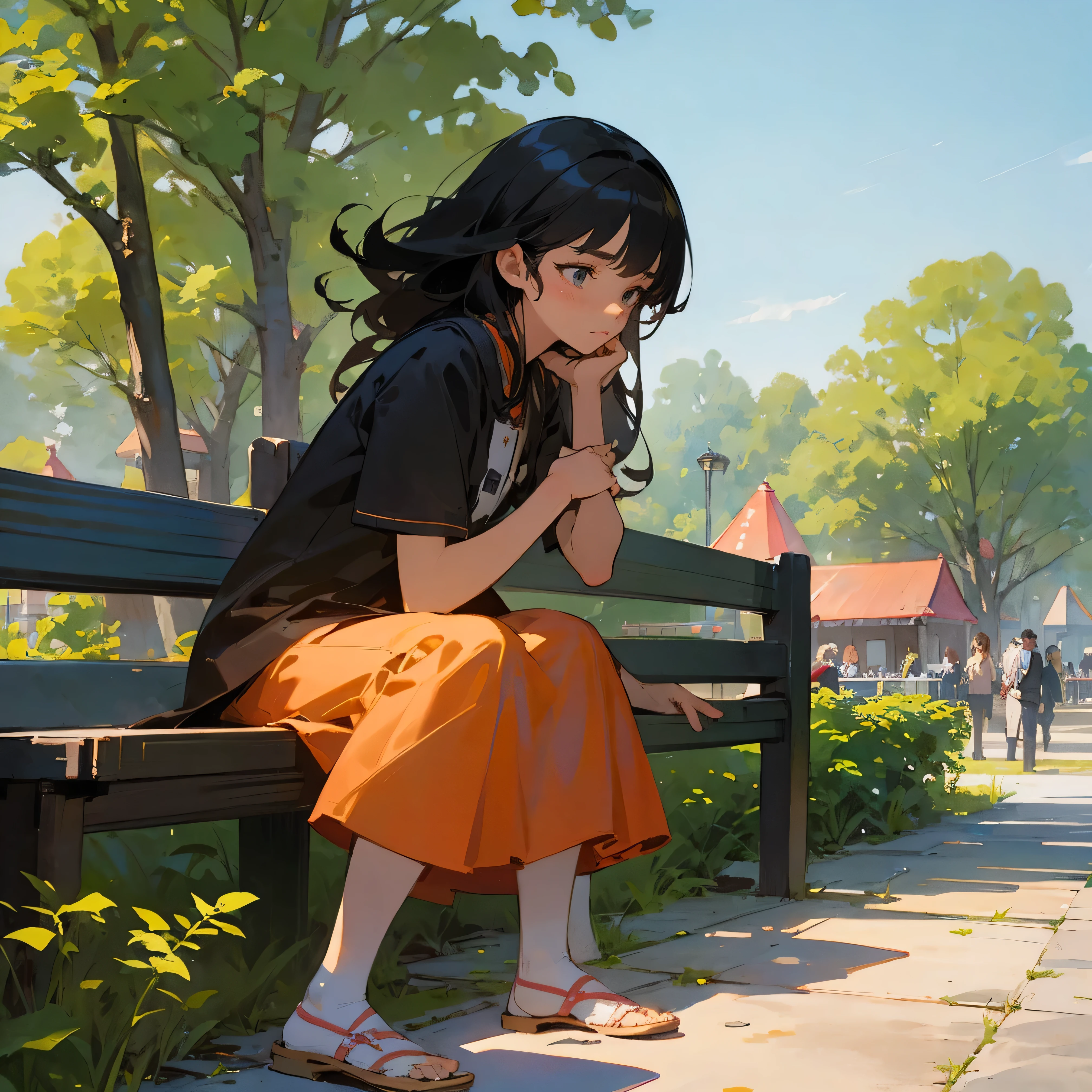 Illustrations for children's picture books,realistic, detailed illustration,A poignant scene in a vibrant town park. In the foreground, a named Aya with medium, flowing black hair sits alone on a wooden bench. , She's hunched over, looking down with a noticeably sad expression. Her somber mood contrasts sharply with the background, where groups of people are laughing and playing, enjoying the sunny day. The juxtaposition of Aya's solitude against the lively park atmosphere creates a touching and thought-provoking image, hand-painted style, digital art touch,(illustration:1.5), (Watercolor:1,2)