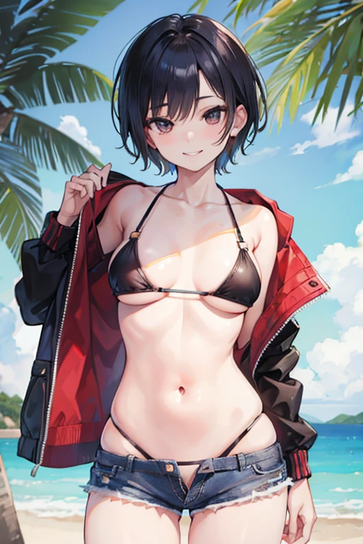 NSFW, bikini bra, hot pants, Boyish, short hair, smile