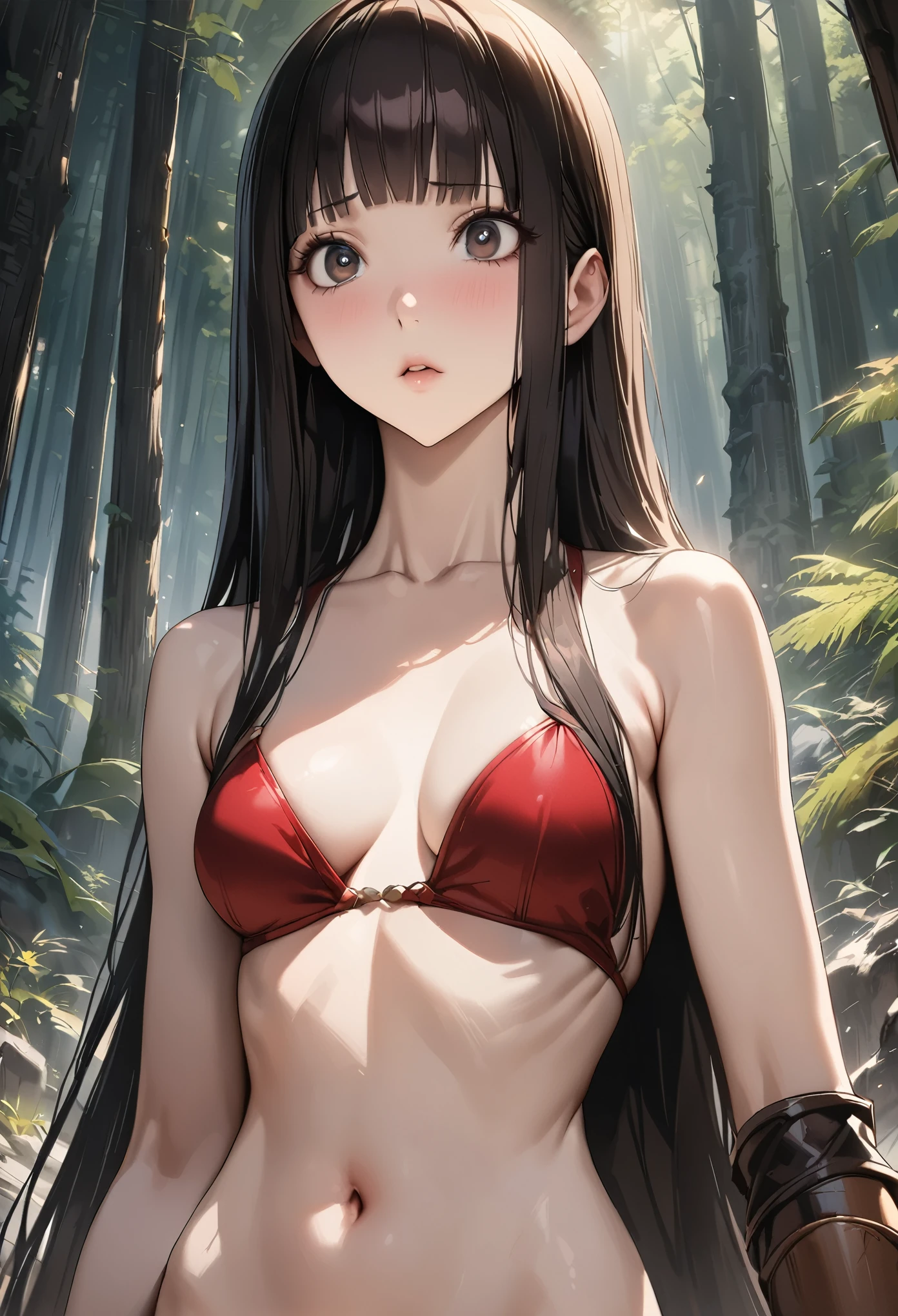 Fantasy art、((masterpiece,best quality anime,Highest quality:1.3)),realistic,portrait,1woman,(Mature Beauty),((very small head:1.4)),((very long body:1.3)),long hair,black hair,bangs,(gorgeous big eyes),black eyes,((slender body:1.3,skinny:1.2)),medium breasts,(Red Bikini、red loincloth),navel,Brown leather gauntlets、walk,Mountaineering、Rugged mountain path、sunny、forest、Trees、A world of magic and fantasy、