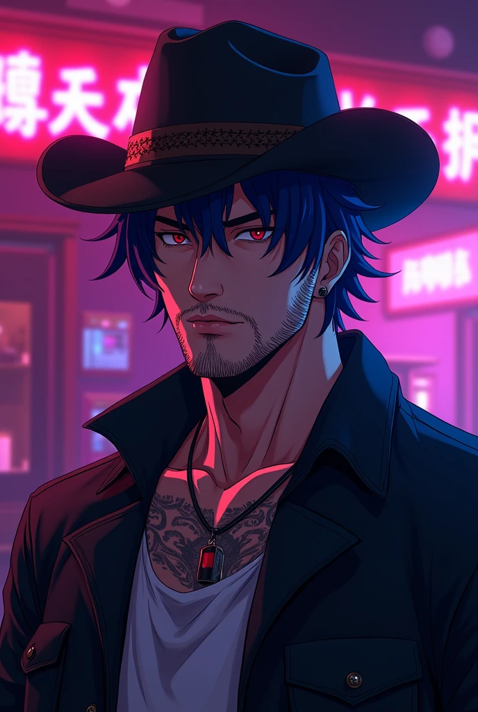 male, adult man, tattoo on neck, stubble beard, cowboy, dark blue hair, black cowboy hat, black jacket, relaxed pose, anime, intricate details, hot colors, night club light, purple lighting