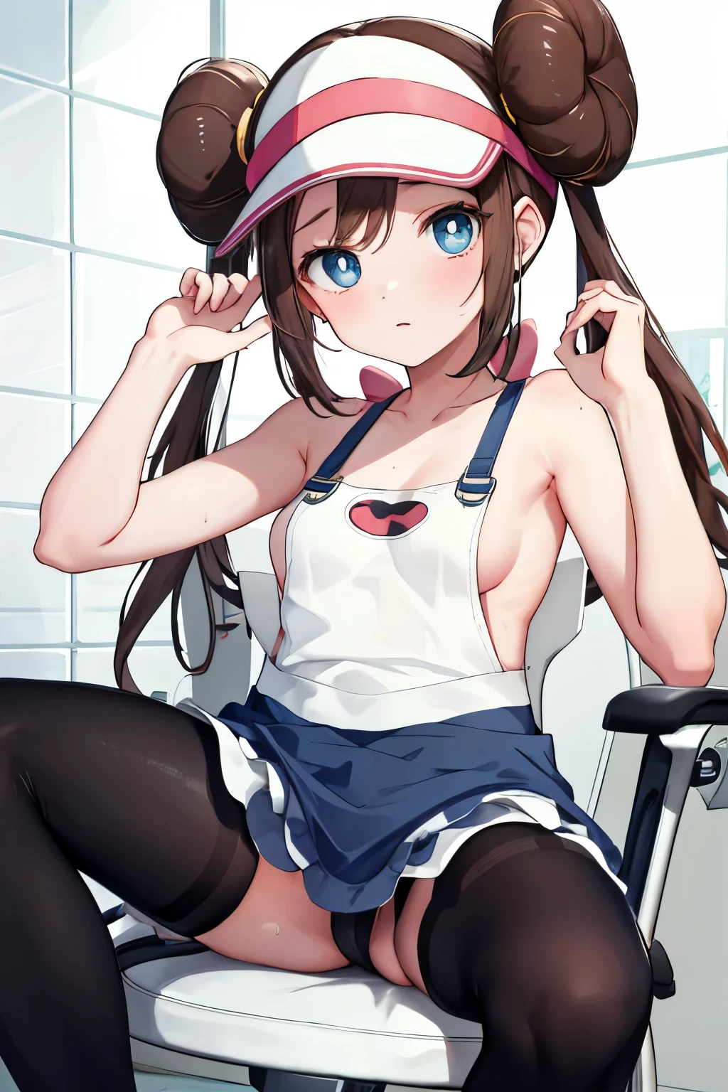 apron, Shower chair,Spread your legs, Sweat, (Raise one hand), heart, Love love, , shy, ,Sideboob, Small breasts, masterpiece, highest quality, High resolution, ro1, Hair Bun, Blue eyes, Twin tails, Visor Cap, pantyhose, NUDE, Black Stockings,