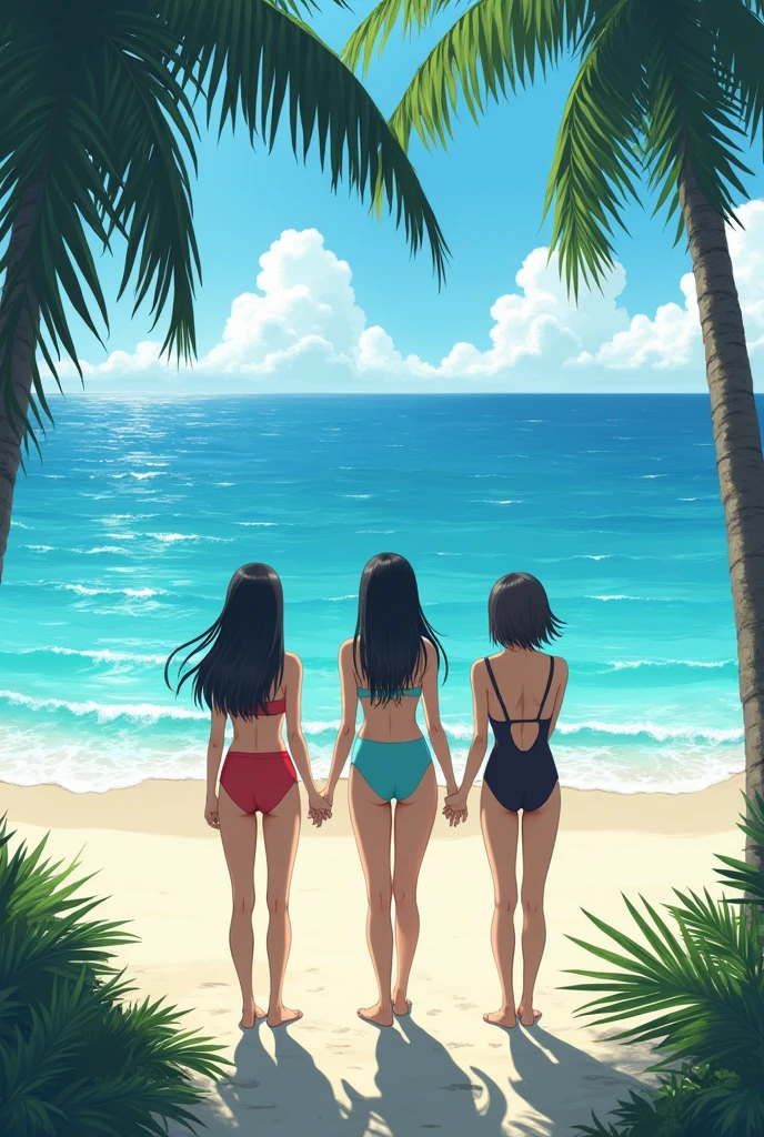 Sunny beach on a southern island、Drifting and drifting、Waiting for help in a swimsuit、Three adult Japanese women、Looking out to sea