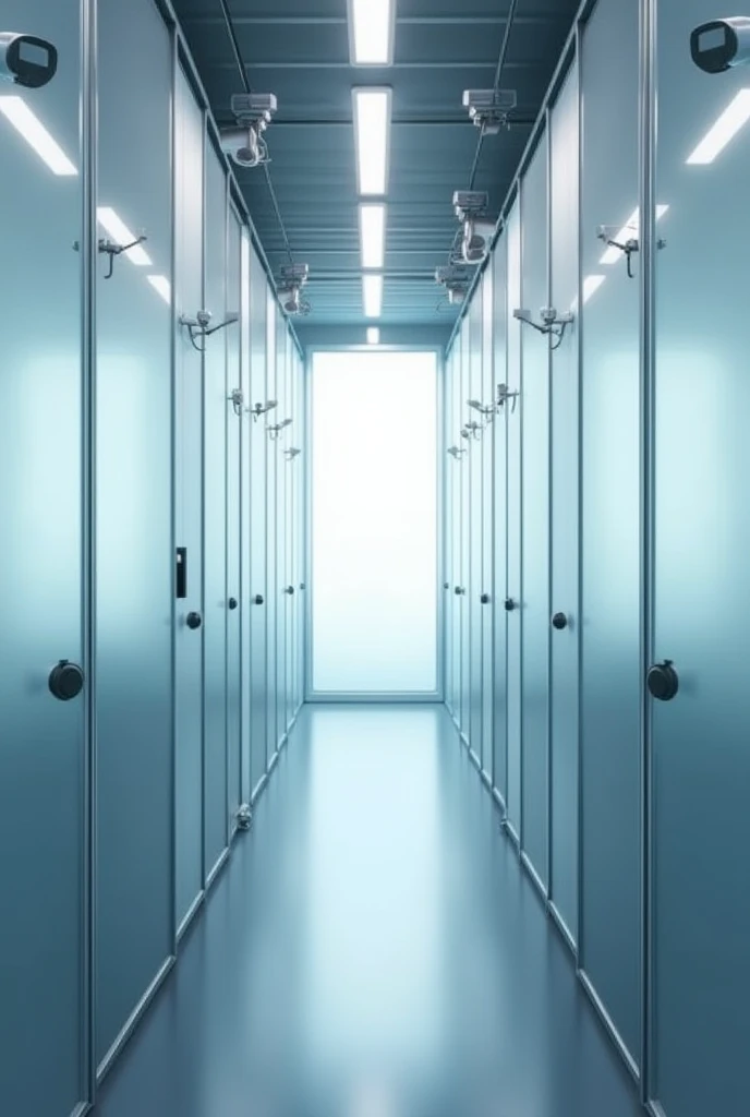 A room with strong security measures, equipped with security cameras。
In a bright room、There are many rooms separated by curtains.