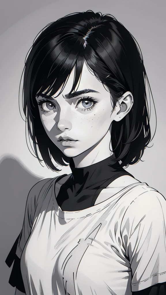 1 boyish girl, solo, sharp eyes, monochrome, greyscale, shoulder length black hair, portrait, (blank white T-shirt), Thin eyebrows, closed mouth, looking at viewer, detailed lips, hatching \(texture\), without makeup, (bangs hair), upper body, (best illustration), (best quality), (very detailed), (masterpiece), expressionless,