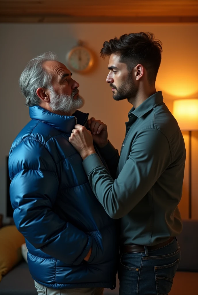 Create a hyper-realistic, high-resolution image showing two extremely handsome brightly lit living room. The wonderful and seductive uncle, aged 42, with short hair beginning to show signs of balding, is wearing dark pants and an open, *extremely shiny blue nylon puffer jacket* that exposes his slightly hairy chest and slightly prominent belly. He is kneeling on the floor, *wearing a collar around his neck*, being pulled by his gorgeous dominnering nephew, a 26 yo man with a naturally attractive physique, dressed in a fitted shirt and casual pants, stands next to his wonderful submissive uncle. (((The *nephew pulls the collar with a confident and authoritative expression*, while the uncle, *kneeling*, looks up with a submissive expression))). The living room is warmly lit, with modern, comfortable decor that enhances the realism of the scene. The image should capture every detail with precision, emphasizing the interaction and contrast of roles between the two men.