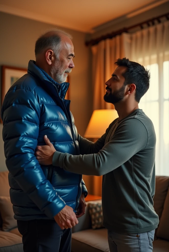 Create a hyper-realistic, high-resolution image showing two extremely handsome brightly lit living room. The wonderful and seductive uncle, aged 42, with short hair beginning to show signs of balding, is wearing dark pants and an open, *extremely shiny blue nylon puffer jacket* that exposes his slightly hairy chest and slightly prominent belly. He is kneeling on the floor, *wearing a collar around his neck*, being pulled by his gorgeous dominnering nephew, a 26 yo man with a naturally attractive physique, dressed in a fitted shirt and casual pants, stands next to his wonderful submissive uncle. (((The *nephew pulls the collar with a confident and authoritative expression*, while the uncle, *kneeling*, looks up with a submissive expression))). The living room is warmly lit, with modern, comfortable decor that enhances the realism of the scene. The image should capture every detail with precision, emphasizing the interaction and contrast of roles between the two men.
