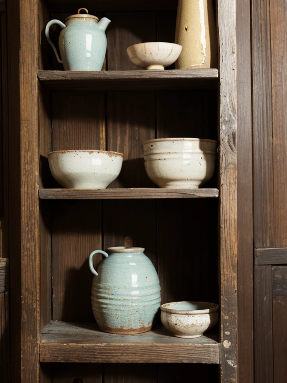 antique,Pottery jar,Cracked,texture,old,Wooden shelf,warm,Calm,atmosphere