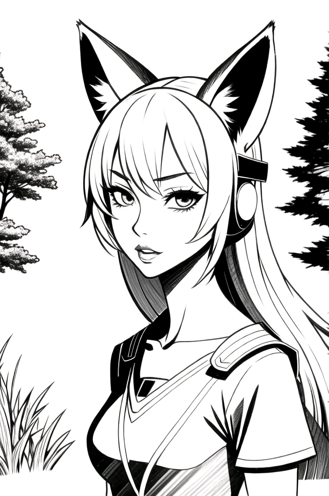 masterpiece, superlative, fox ears, Zhunsky , One, bust, full length, trees, Drawing a line background, White background, monochrome, Drawing a line, ((sketch))