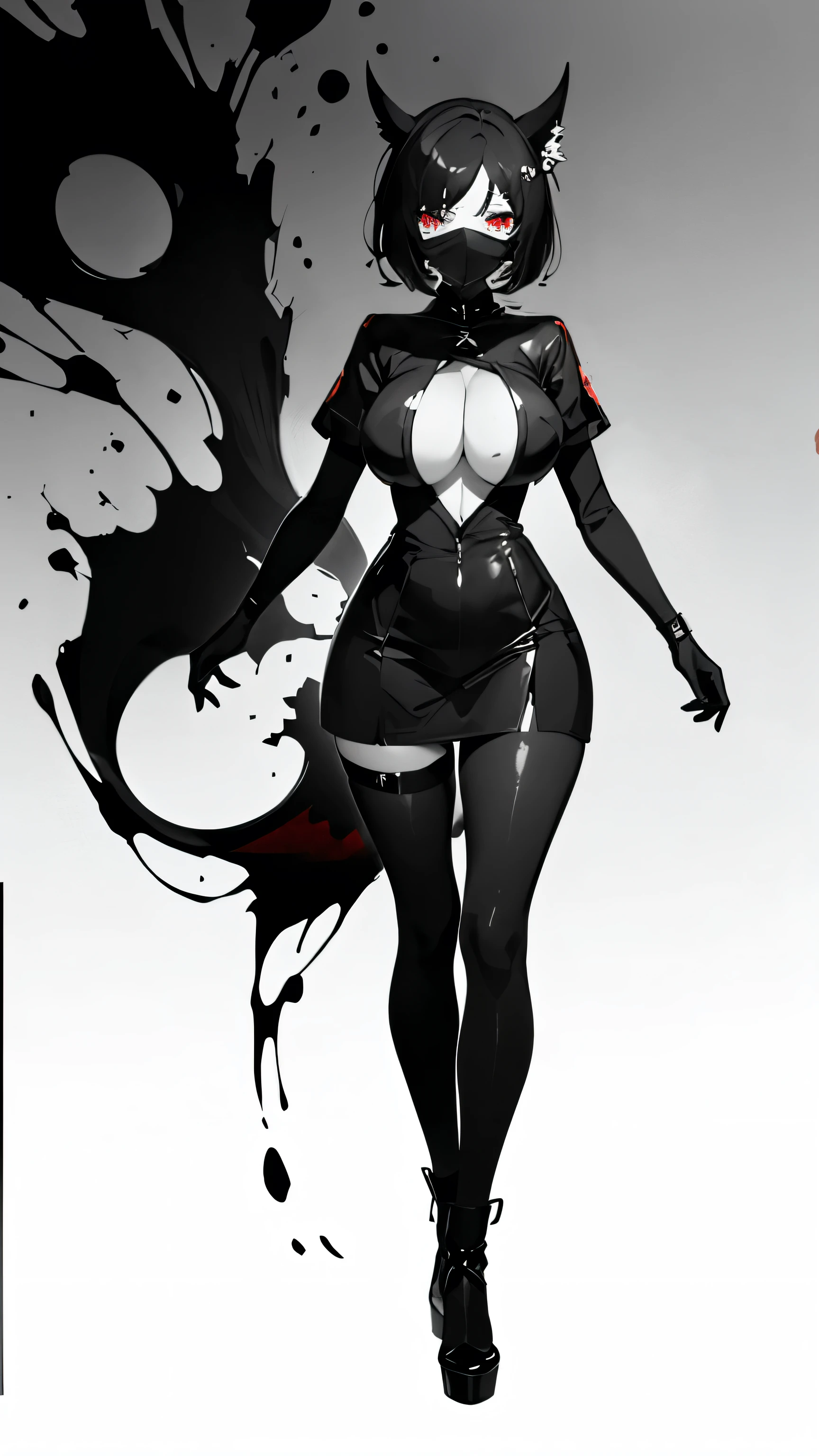 simple background, monochrome, horror (theme) there is a broken picture, black paint splatted, red blood splatted, smoked, red blood (((anime girl character))), big boobies, wearing a mask full body